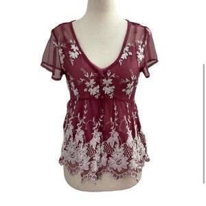 Abercrombie &Fitch Pink/White Floral Babydoll Button Up Sheer Overlay Top,Small